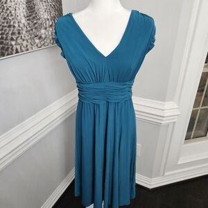 SUZI CHIN For Maggy Boutique Teal Blue Grecian Style Pleated Sheath Dr size 10